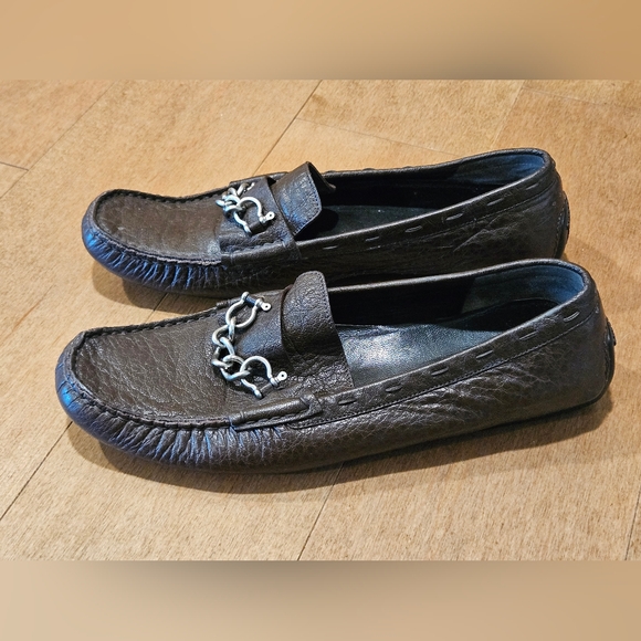 Burberry 37.5 Dark Brown Pebbled Leather Driving Loafers Silver Snaffle Bit - Picture 2 of 6
